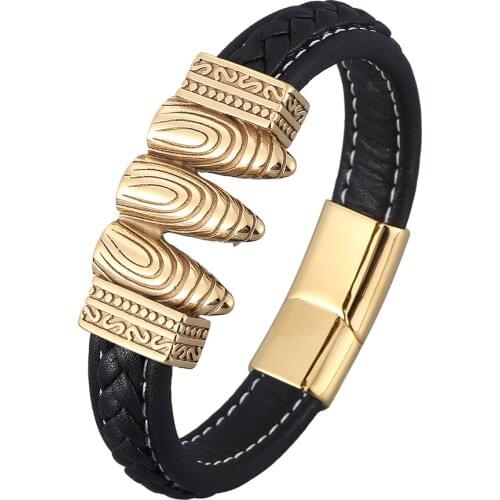 Punk Men Gold Color Bullet Shape Bracelet Fashion Magnetic Clasp Black Braided Leather Bangles Charm Man Jewelry Gifts BB0912