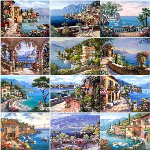 PhotoCustom Harbor Scenery Paint By Numbers Kits DIY 60x75cm Oil Painting By Numbers On Canvas Seascape Frameless Home Decor