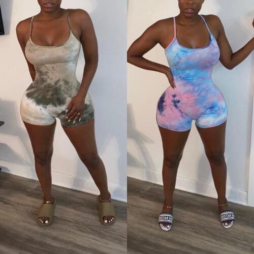 Sexy Woman Skinny Spaghetti Strap Sleeveless Oneseies Bodycon Tie-dye Sleepwear Jumpsuits Body Femme Plus Size S-2XL