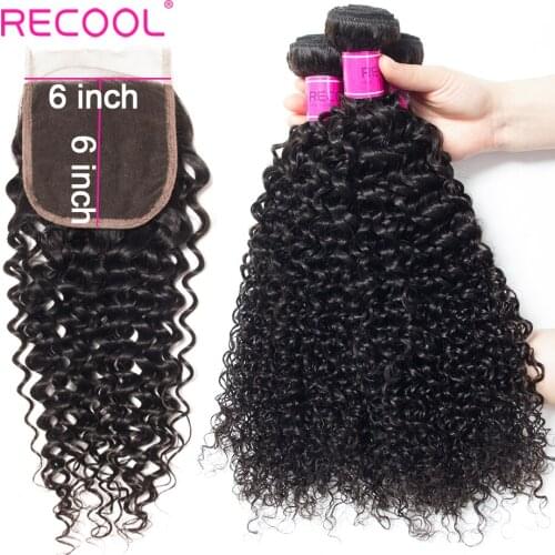 Recool Brazilian Hair Weave Bundles With Closure Curly Bundles With 6x6 Lace Closure Remy Human Hair 3 Bundles With Closure 4 pc