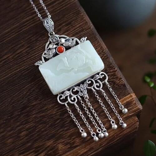S925 Silver Retro Mosaic and Hotan Jade White Jade Lotus Magpie Liusu Woman Sweater Chain Pendant Wholesale