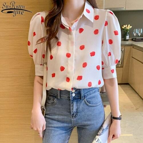 Chiffon Shirt Womens Short Sleeves Blouse 2021 New Summer Shirt Bubble Sleeve Polka Dot Printed Shirt with Button 14350