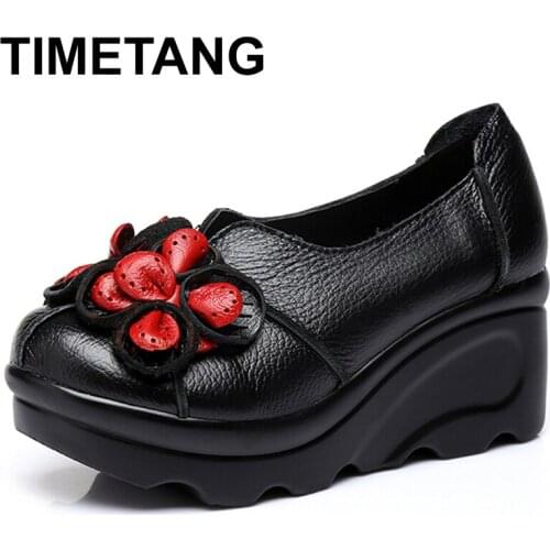 TIMETANG 2021 Spring Women Shoes Genuine Leather Platform Flower Comfortable Handmade Wedges Women Shoes