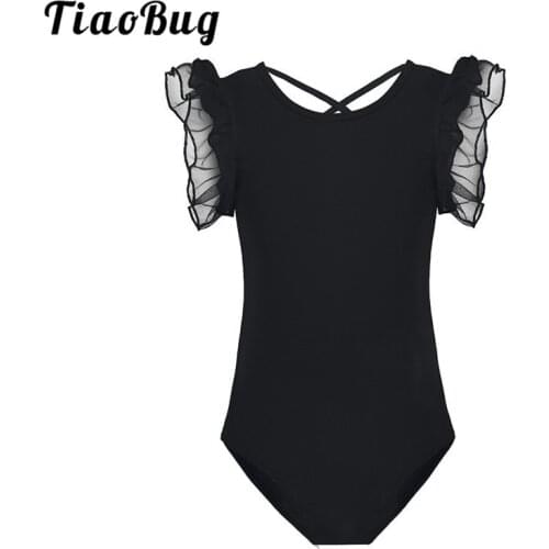 TiaoBug Kids Mesh Ruffled Sleeves Dance Wear Bodysuit Ballet Gymnastics Leotard Children Girls Solid Color Stage Dance Costume