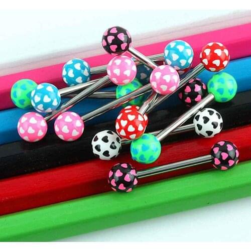 TUMBEELLUWA 1Lot (10Pc) Bulk Sale UV Stainless Steel Barbell Heart Pattern Body Piercing Tongue Ring Pin