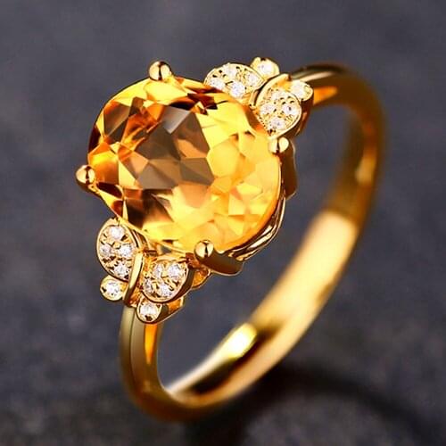 Oval Citrine gemstones diamonds Rings for women gold color yellow crystal butterfly bling jewelry bijoux bague party gifts