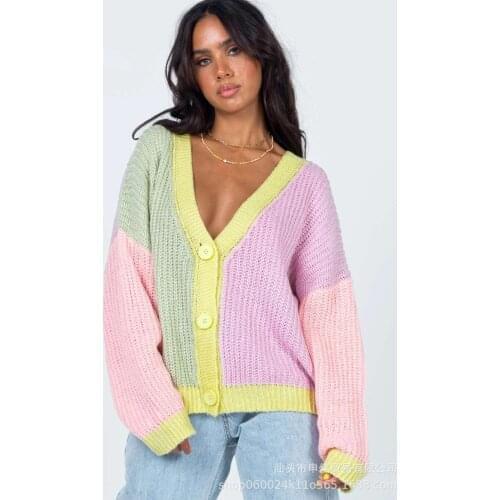 MOARCHO Women High Street Deep V-neck Spliced Lantern Sleeve Pullover 2021 New Fashion Autumn Winter Pullover