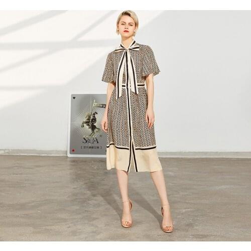 Summer Dress Women 2021 High Quality 16 Momis 03 Silk Crepe De Chine Printing Stand Collar Lace-Up Bow SIngle Breasted Elegant