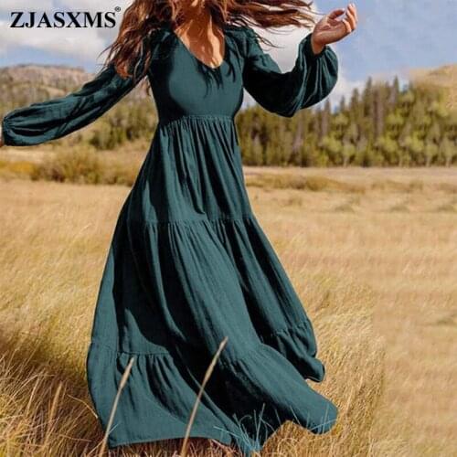 2020 Autumn Puff Long Sleeve Pleated Maxi Dress Women Robe V Neck Tunic Party Dress Vintage Solid Loose A-Line Long Dresses 5XL