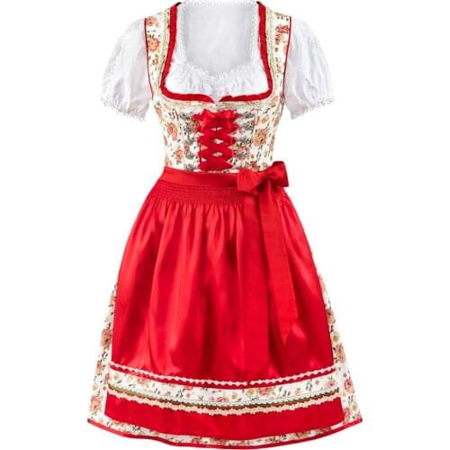 Womens Traditional Flower Pattern Oktoberfest Dirndl Dress Bavarian German Beer Wench Cosplay Halloween Carnival Costumes