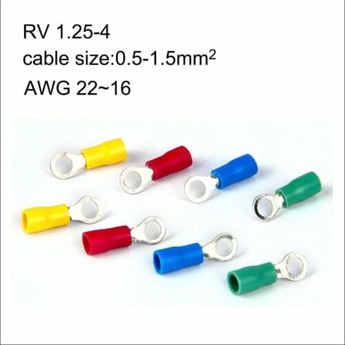 1000PCS copper insulated ring terminal RV1.25-4/3/5/6/10 AWG22-16 Imax 19A 0.5-1.5mm2 Cold pressed terminal O type