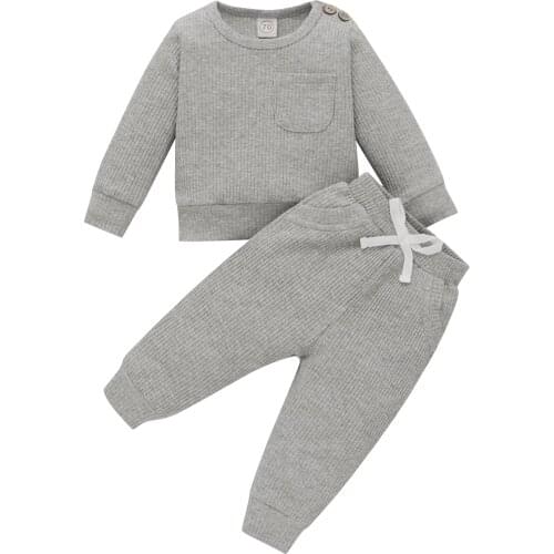 2 Pcs Newborn Solid Color Pajamas Baby Boys Long Sleeve Round Neck Pullover with Pocket + Tie-up Trousers