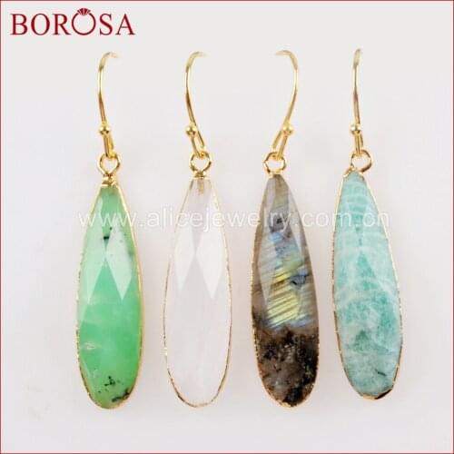 BOROSA 5Pairs New Gold Color Teardrop White Quartz Crystal Labradorite Faceted Charms Dangle Earrings Jewelry for Women G1524-E