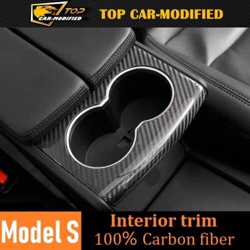 For tesla model s x center console 100% real carbon fiber car interior trim sticker accessories water cup panel decorative cover
