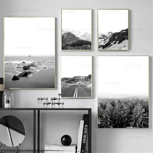 Black White Nature Landscape Beach Forest Mountain Canvas Psoter Nordic Wall Art Print Painting Living Room Decorative Picture
