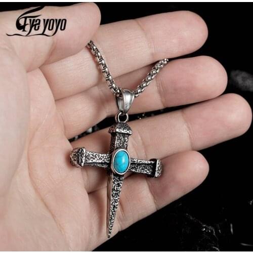 Eyeyoyo Vintage Cross Pendant Necklace Men With Natural Stone Gift For New Year