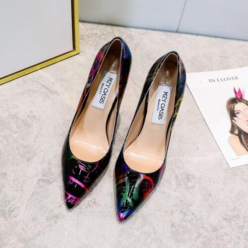 Artistic Graffiti Print Women Sexy Stiletto High Heels Black Ladies Party Pointed Toe Pumps Shoes Customized