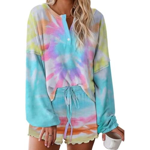 Summer Loungewear Women Pajamas Sets Tie-dye Home Wear Lounge Set Homewear Long Sleeve Top Ruffle Shorts Sleepwear Suit Nighties