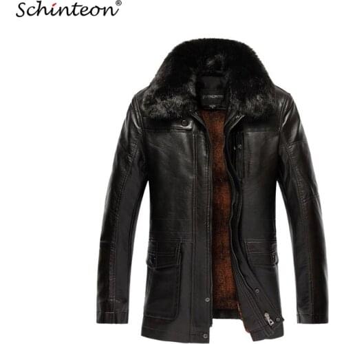Schinteon XL-7XL Big Size Leather Jacket Business Casual Outwear with Removable Fur Collar Warm Winter Thick Coat
