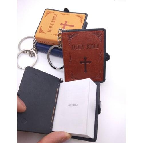 Mini English/Spanish HOLY BIBLE Keychains Religious Christian Cross Keyrings Leather Cover Small Real Book Pendants Key Chains