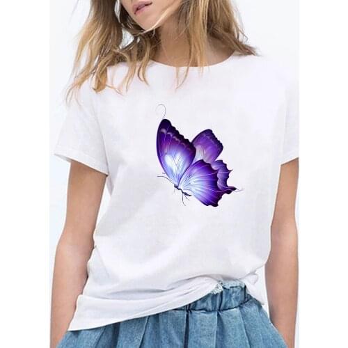Fashion Butterfly Print Short Sleeve Tshirt Women Literary Casual T Shirt Girl Summer Basic T-shirts Tees Vintage Ropa Mujer