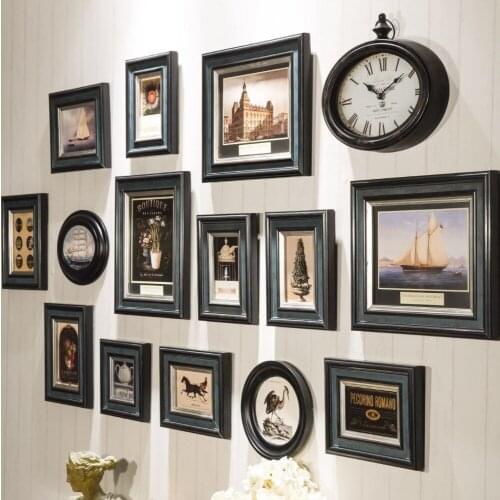 Retro Dark Color Wall Hanging Picture Frame Combination Hallway Sofa Livingroom Wall Photo Frame+Clock Set Wooden Photo Frames