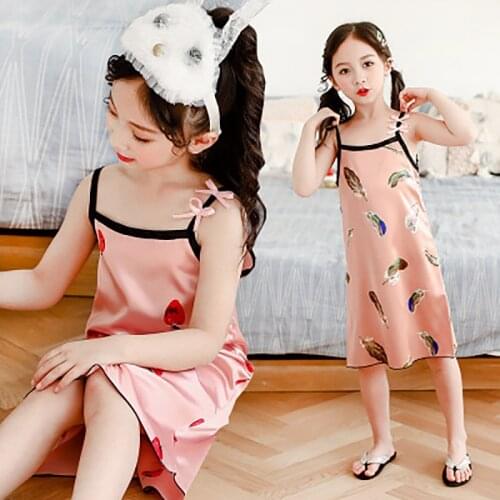Girls' nightdress ice silk childrens home wear summer new 2020 imitation silk pajamas silk big childrens Sling Dress