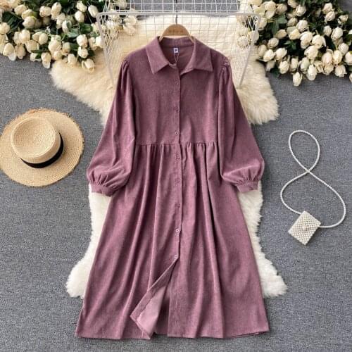 Fall 2021 New Single-breasted Corduroy Vestidos Womens Age-reducing Loose Thin Shirt Midi Dress KK950