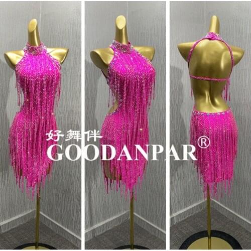 Latin dress dancing costume Rumba Jive Chacha black latin wear fringe Sleeveless Custom-made Latin fuchsia