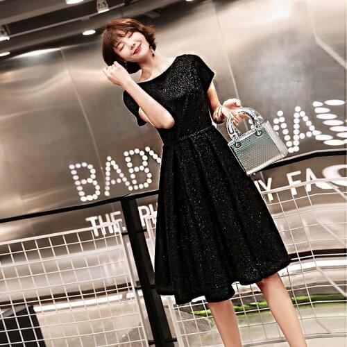 Special Occasion Dresses Vintage O-Neck Short Luxury Black Knee-Length A-Line Satin Zipper Elegant Fashion Women Prom Gown E1025