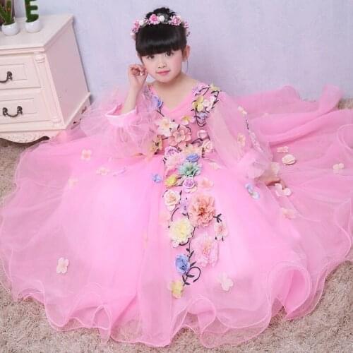 Flower Girls Dresses In Princess Girls Birthday Evening Dress Handmade Piano Costume Clothes Girls Pink White Purple Yellow