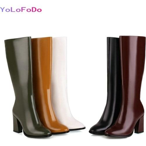 Plus Size 33-45 Women Knee High Boots Faux Leather High Quality Lady Square High Heel Shoes Fashion Pointed Toe Zipper Calf Boot