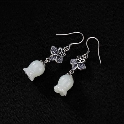 Natural retro mosaic orchid butterfly white jade earrings 925 silver carved charm jadeite jewelry fashion for woman gifts