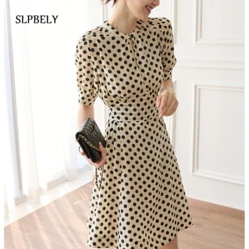 SLPBELY Women Polka Dot Dress With Belt Summer French Elegant Short Sleeve Party Midi Dress Female Dress Office Lady Clothing