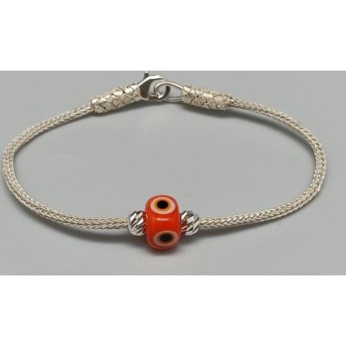 Trabzon Kazaz Wristband (Bracelet) single chain hand-knitted 1000 sterling silver with the Orange Evil Eye bead Great Gift for