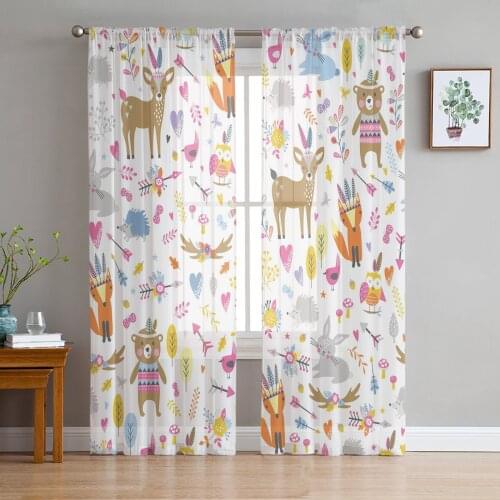 Forest Cartoon Animals Bear Fox Owl Tulle in Sheer Curtains for Living Room Bedroom Kitchen Window Treatment Chiffon Curtain