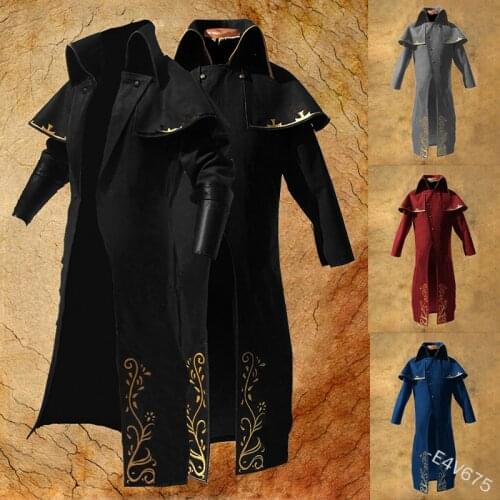Men Medieval Vintage Steampunk Trench Peacoat Turn Down Collar Windbreaker Male Cosplay Renaissance Costume Slim Overcoat S-5XL