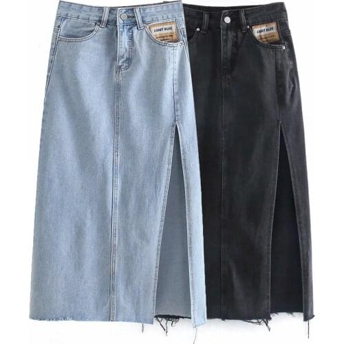 Korean 2021 Women pocket fashion A line water wash vintage denim Midi skirts Jean Skirt Casual bag hip Middle length Slit skirt