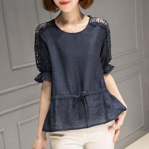 2019 summer new Cotton and Linen T-shirts women elegant Loose Hollow Out Tops vintage Half sleeve O-Neck Tops Tees womens