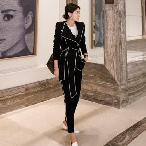 Elegant Autumn Pant Suit Two Piece Set Top And Pants Blazer Coat Sashes + Women Office Long Pants Suits Sets