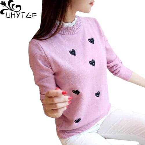 UHYTGF Autumn Winter Sweater Women Knit Turtleneck Pullover Student Short Tops Female Embroidery Sweet Elegant Girl clothes 1081