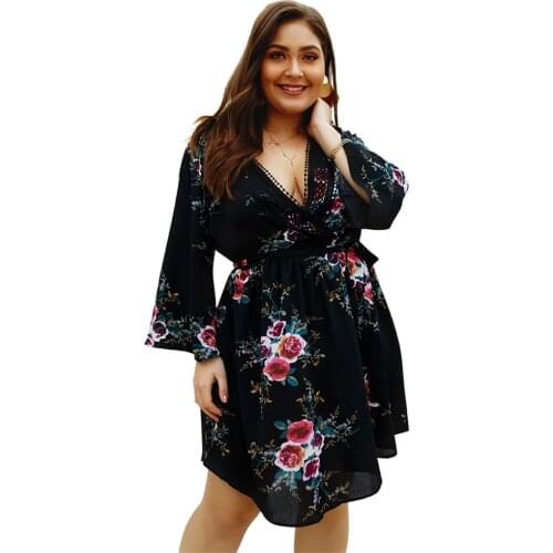 Summer Bandage Dress Fat MM Women Aesthetic Oversized Plus Size Beach Flower Print Elegant Black Red A-Line V-Neck Sexy Clothes