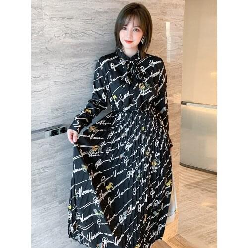 Letter print Lapel bow tie high waist Pleated Dress womens wear 2021 Spring new Plus sizes large size High Quality Top Quality