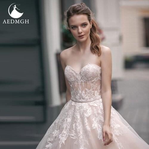 Aedmgh A-Line Wedding Dresses 2021 Sweetheart Strapless Chapel Train Vestido De Novia Lace Appliques Elegant Robe De Mariee
