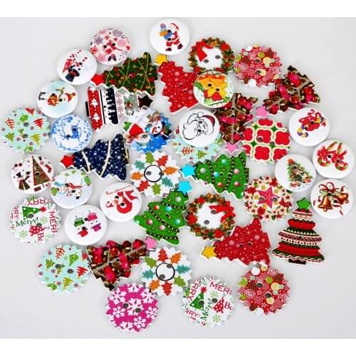 50Pcs/lot Random Mixed Wooden Button Christmas Pattern Scrapbook Decorative Buttons Mix Garment Botoes Accessories For Craft DIY
