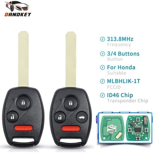 Dandkey Car Key 3/4 Buttons 313.8Mhz Uncut HON66 Blade Fob Remote Key For Honda CRV Accord Fit Insight MLBHLIK-1T ID46 Chip