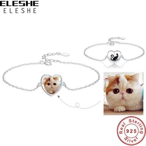 Clearance Sale 100% 925 Sterling Silver Chain Bracelets Custom Photo Cute Black Cat Heart Bracelet for Women Jewelry Gift