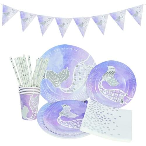 Cute Mermaid Theme Party Decor Paper Plate Mermaid Birthday Party Disposable Tableware Favors Kids Birthday Parties Supplies