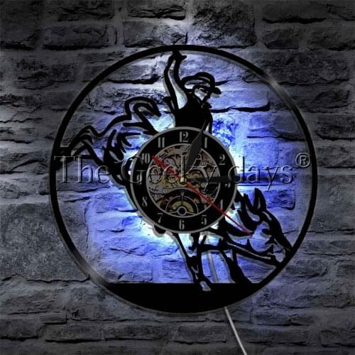 Bull Rider LED Light Vinyl Record Wall Clock With LED illumination Wild Western Cowboy Farm Decorative Lighting