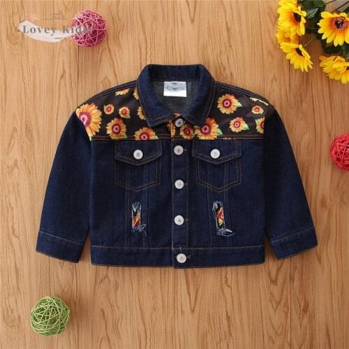 Toddler Baby Girl Coats Denim Jackets 1-6Y Sunflower Floral Outwear Lapel Long Sleeve Jean Patchwork Children Kids Clothes
